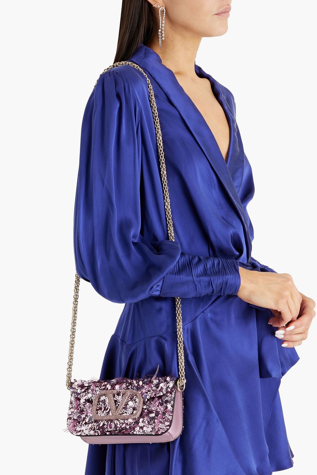 VALENTINO GARAVANI Locò small sequined silk and leather shoulder bag