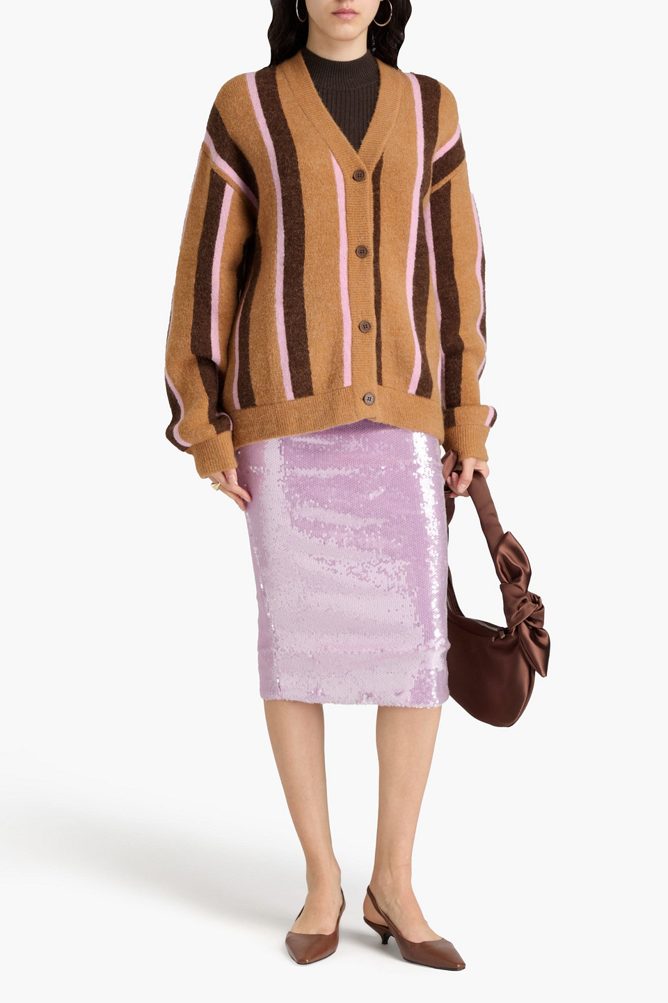Shop Stine Goya Striped Jacquard-knit Cardigan In Camelfarben