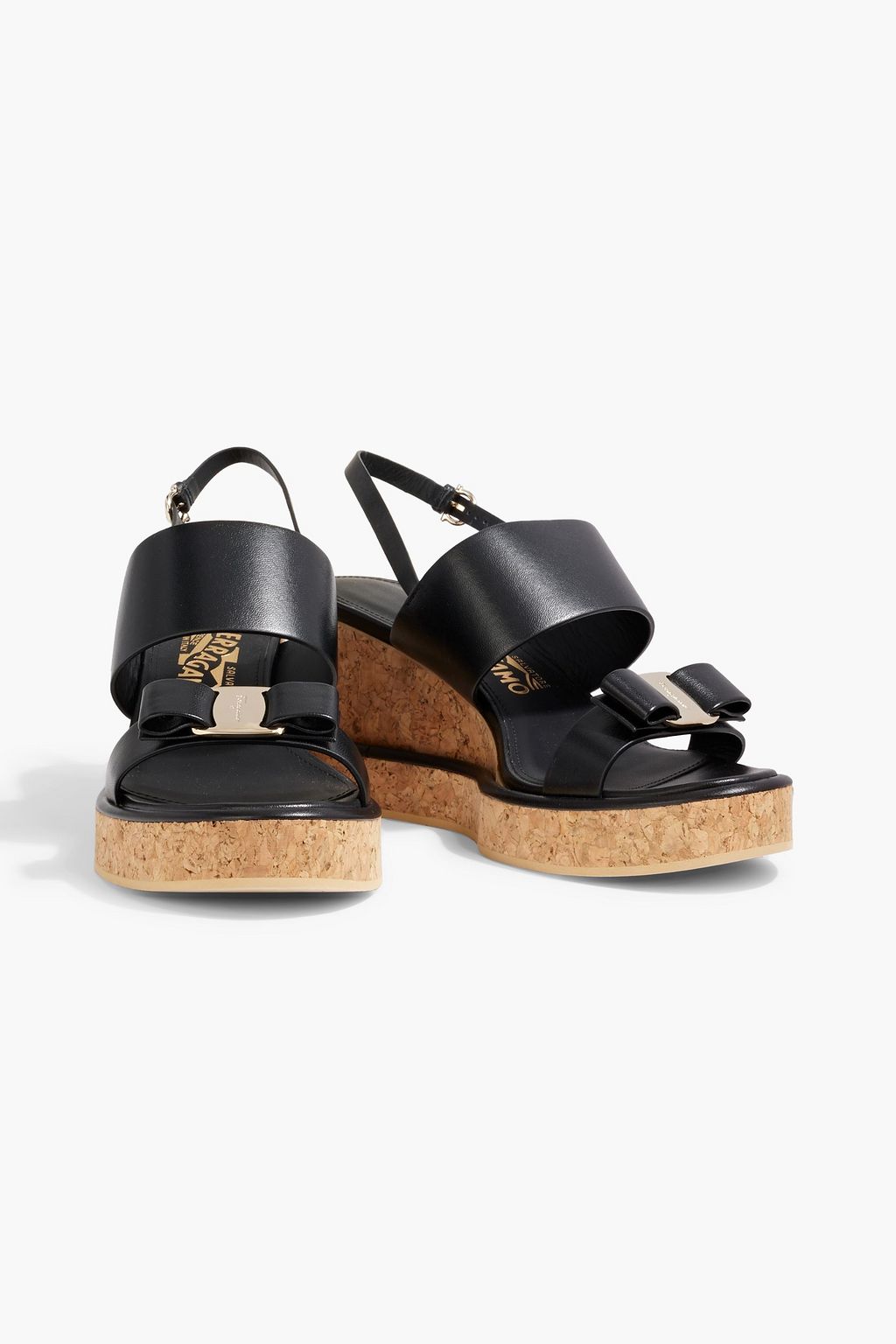 FERRAGAMO Giudith bow-detailed leather wedge slingback sandals