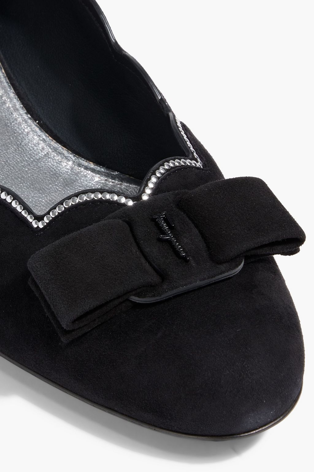 FERRAGAMO Vara studded scalloped suede pumps
