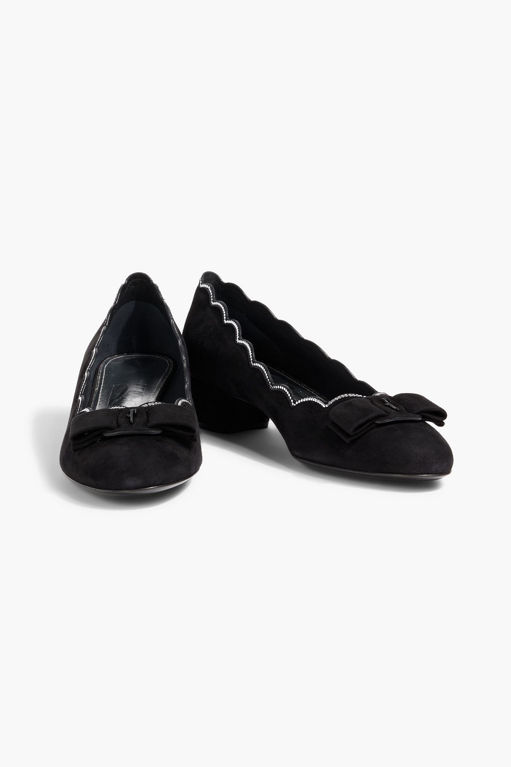 FERRAGAMO Vara studded scalloped suede pumps