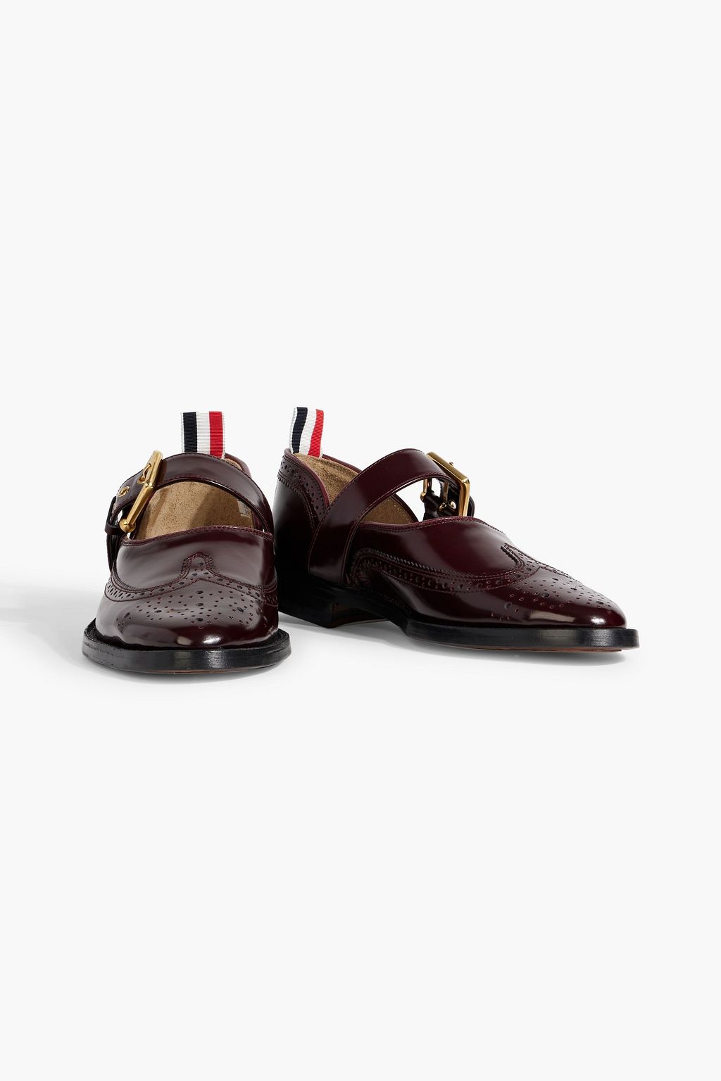 THOM BROWNE Perforated glossed-leather Mary Jane flats