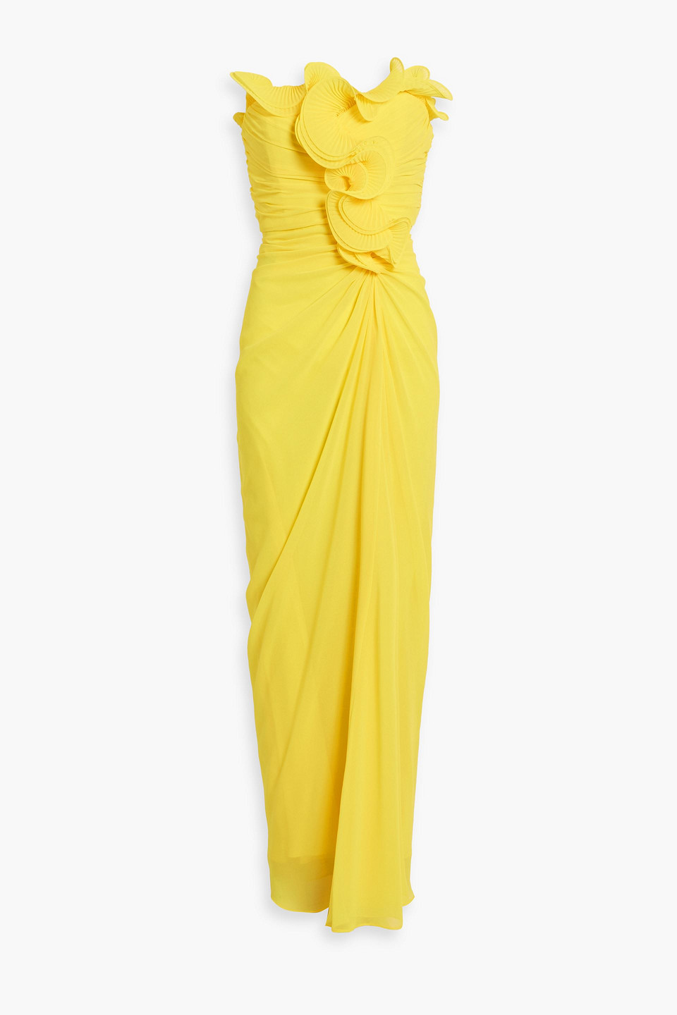 Badgley Mischka Strapless Ruffled Chiffon Gown In Gelb