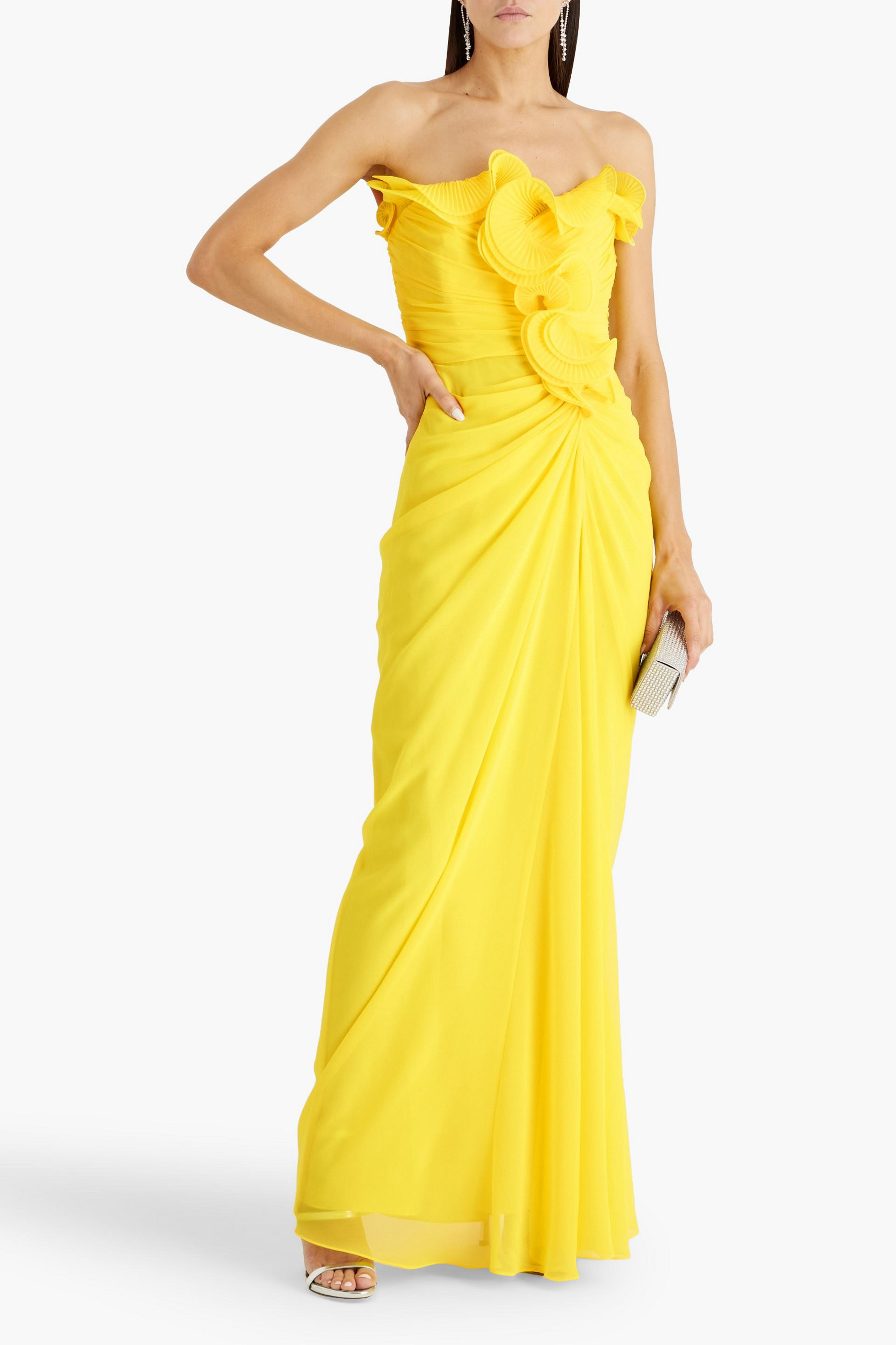Badgley Mischka Strapless ruffled chiffon gown