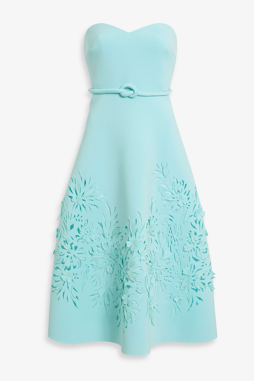 Badgley Mischka Strapless Laser-cut Scuba Midi Dress In Turquoise