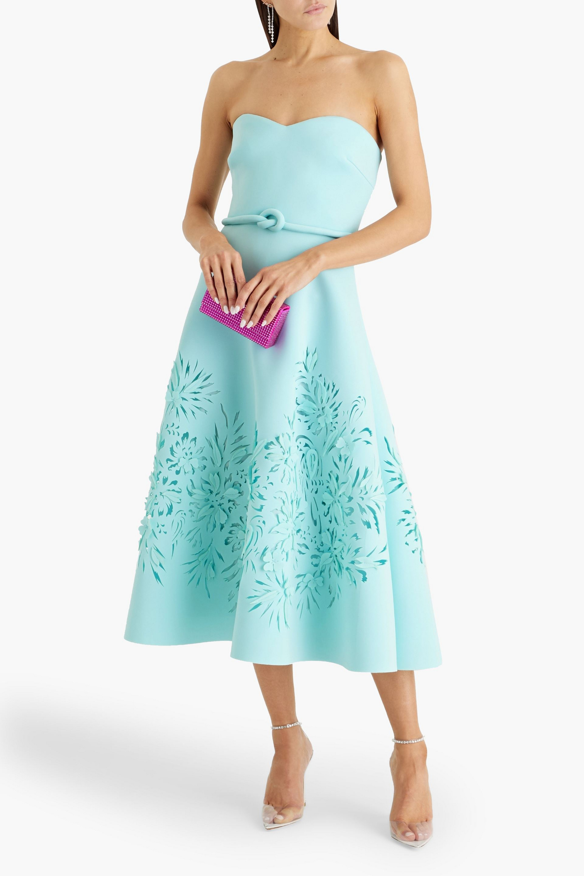 Badgley Mischka Strapless laser-cut scuba midi dress