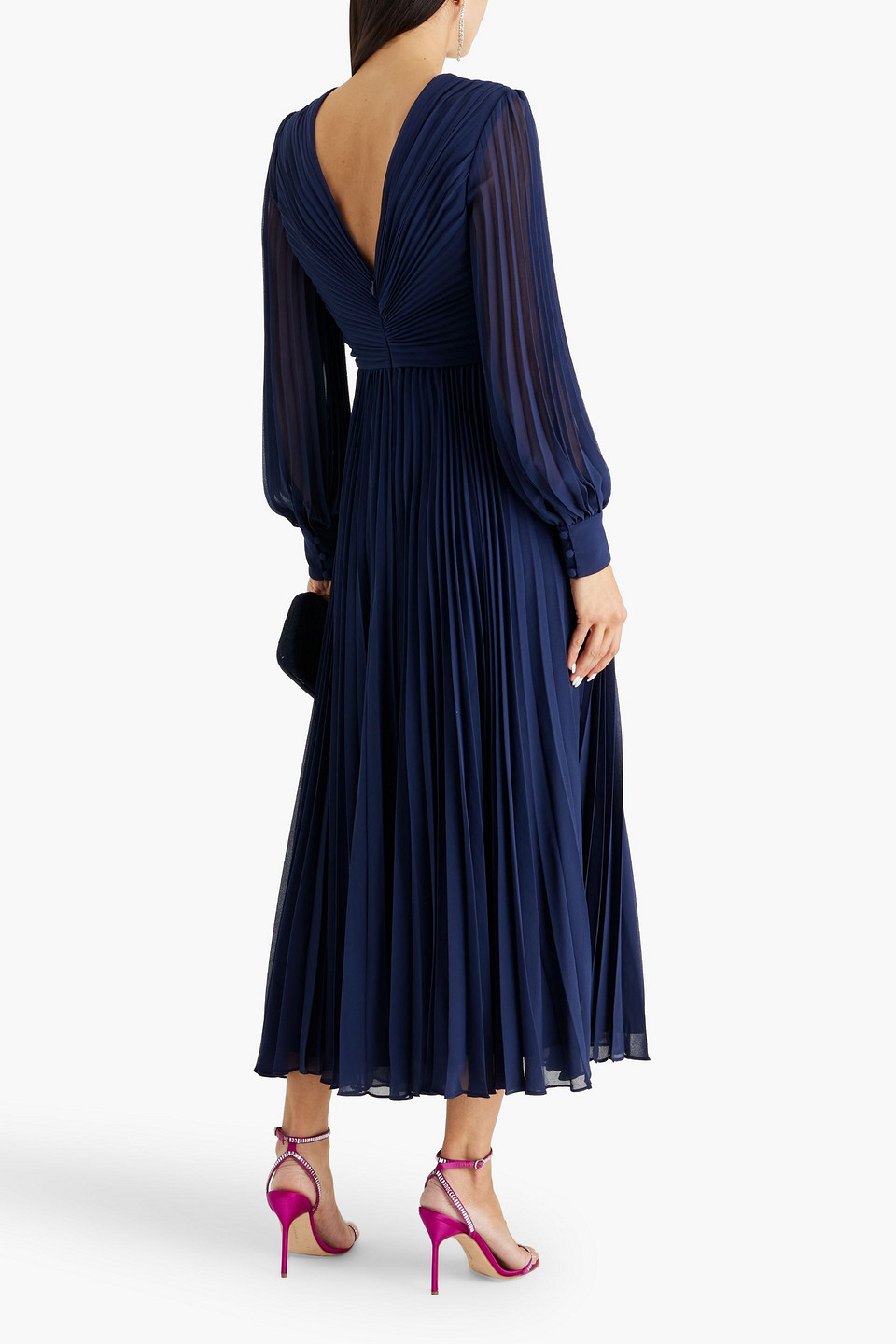 Badgley Mischka Plissé-chiffon Midi Dress In Navy