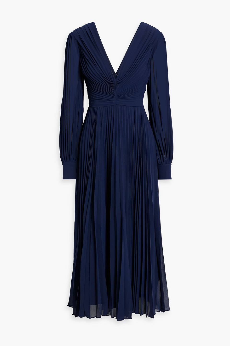 Badgley Mischka Plissé-chiffon Midi Dress In Navy