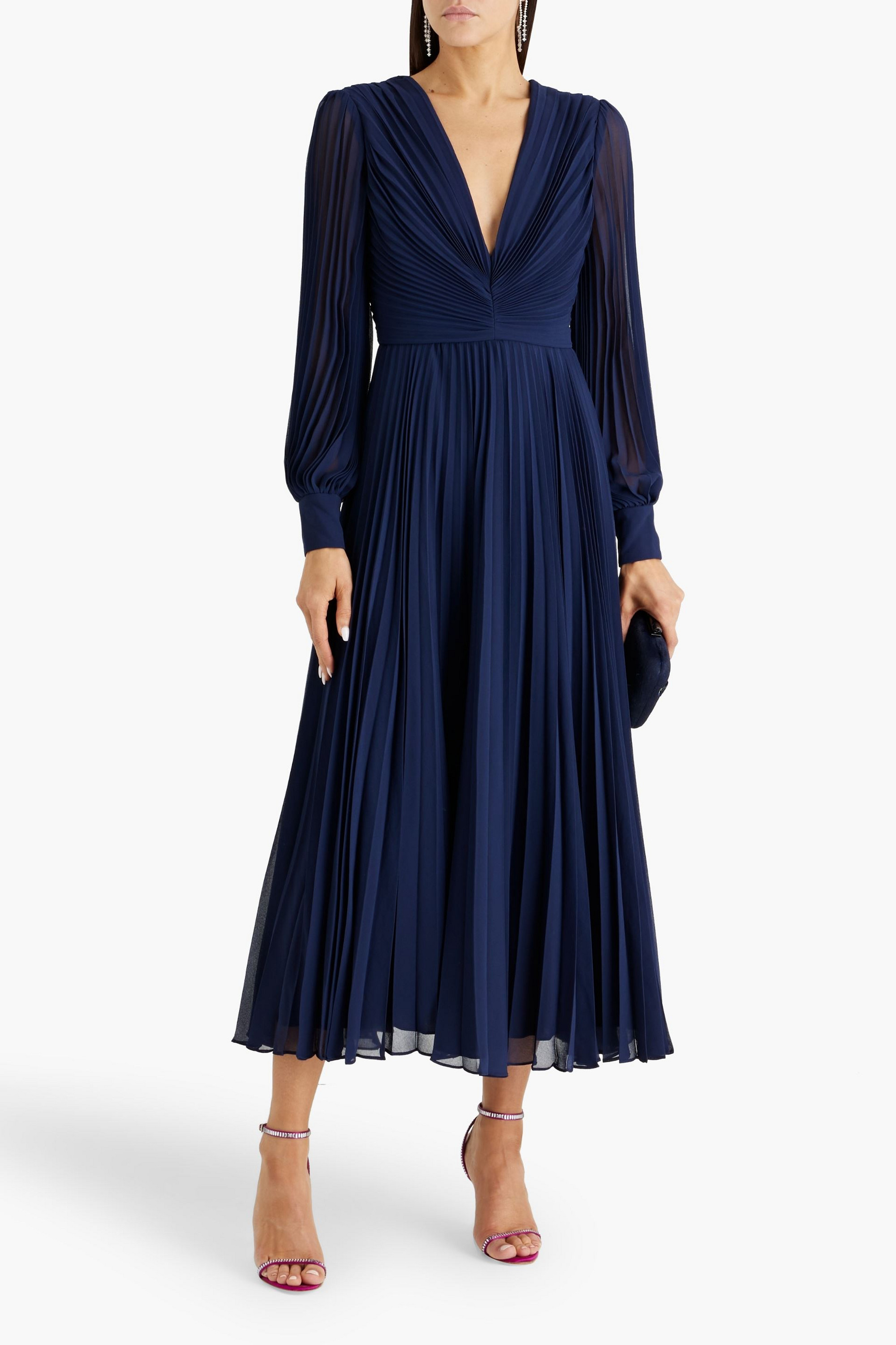 Badgley Mischka Plissé-chiffon midi dress