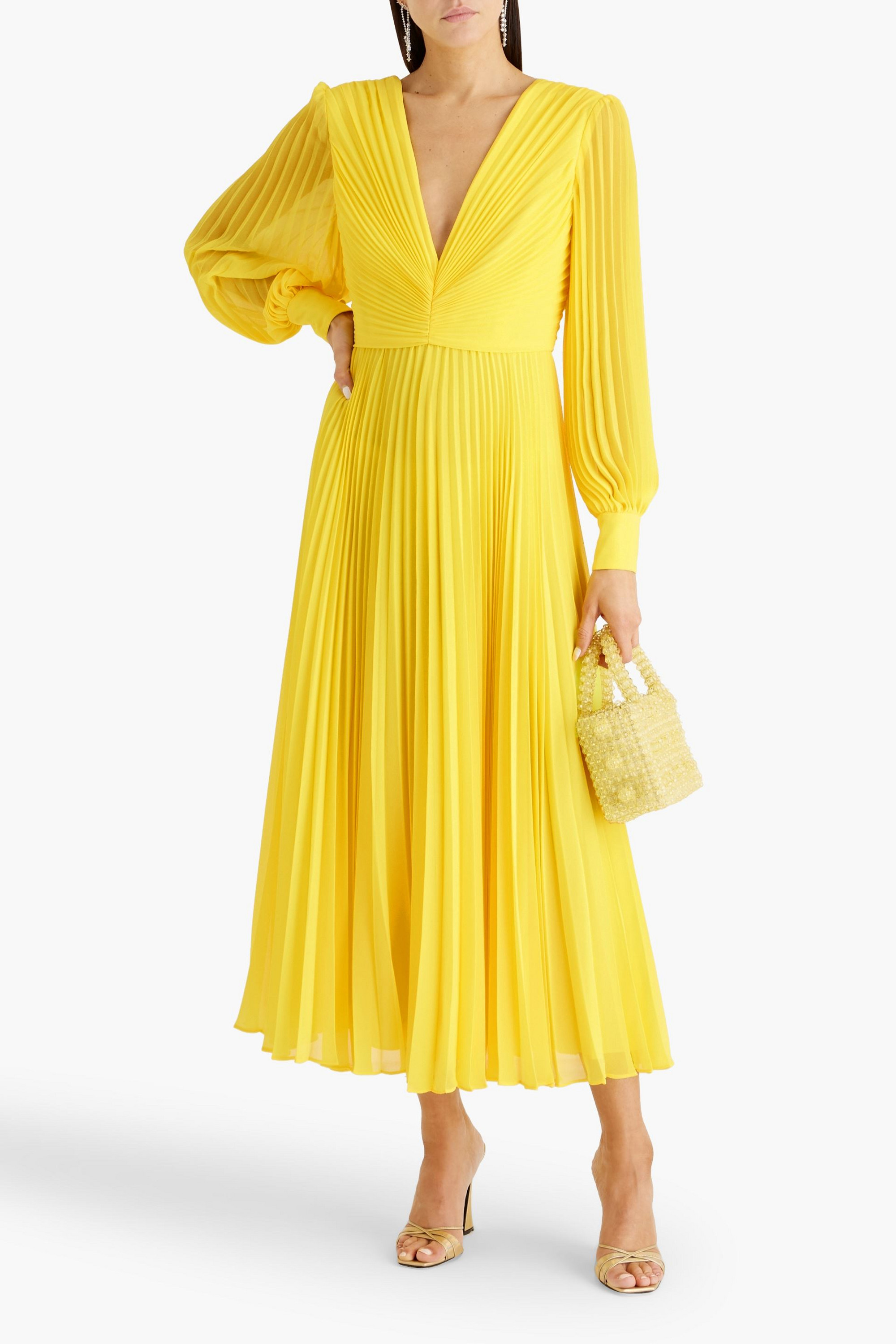 Badgley Mischka Plissé-chiffon midi dress