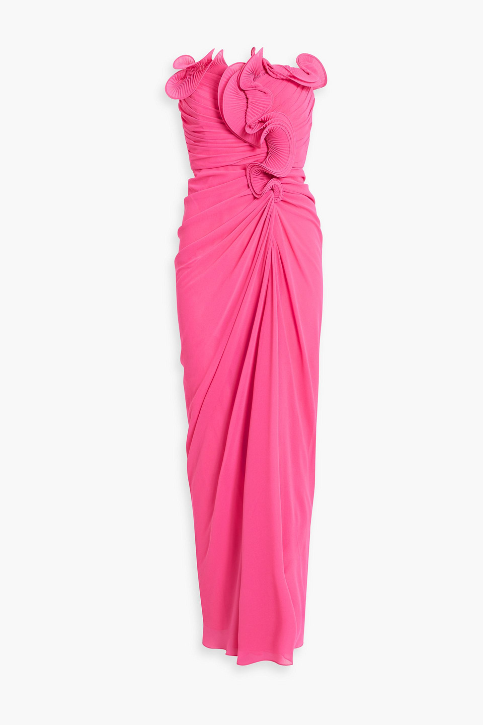 Badgley Mischka Strapless Ruffled Chiffon Gown In Pink
