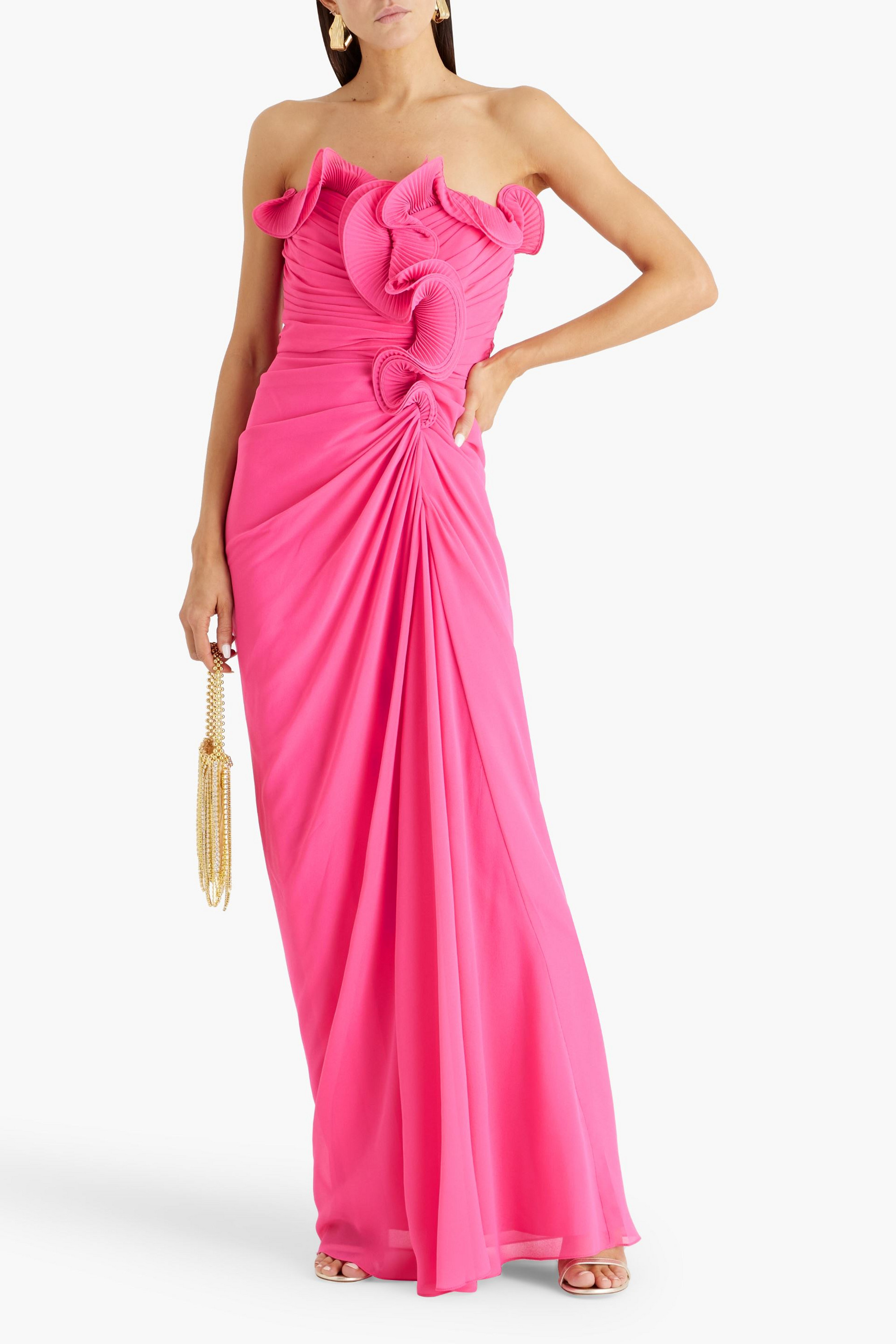 Badgley Mischka Strapless ruffled chiffon gown