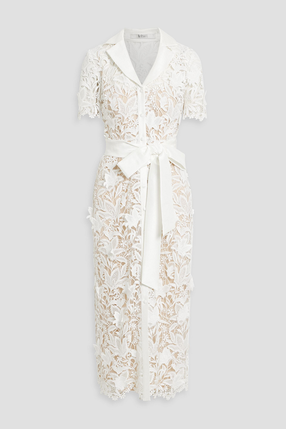 Belted guipure lace midi shirt dress