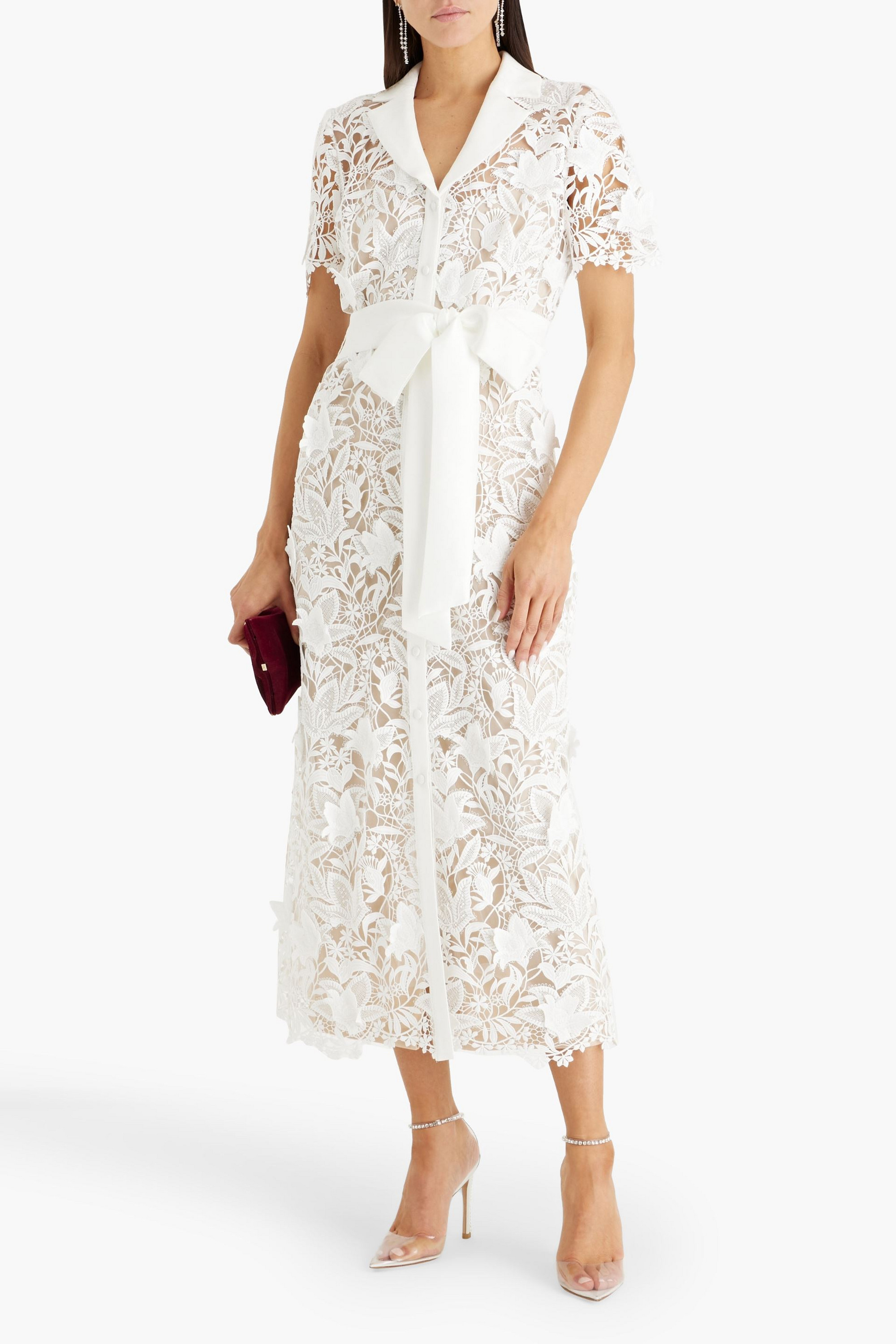 Badgley Mischka Belted guipure lace midi shirt dress