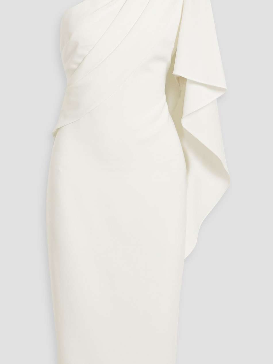 one-sleeve draped crepe midi dress