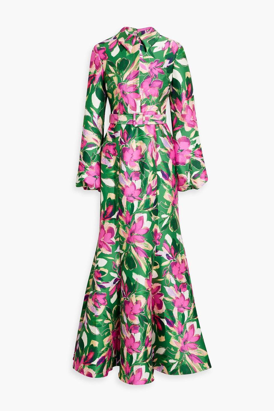 Badgley Mischka Belted Floral-print Mikado Shirt Gown In Green