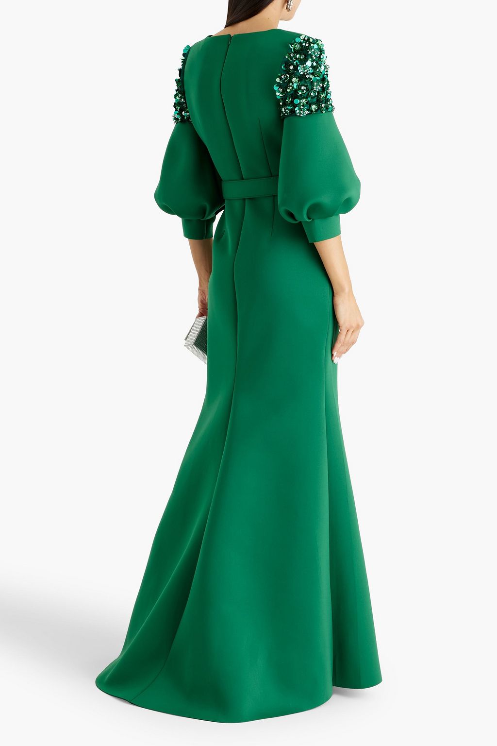 BADGLEY MISCHKA فستان سهرة من قماش سكوبا بتصميم مزركش مزود بحزام