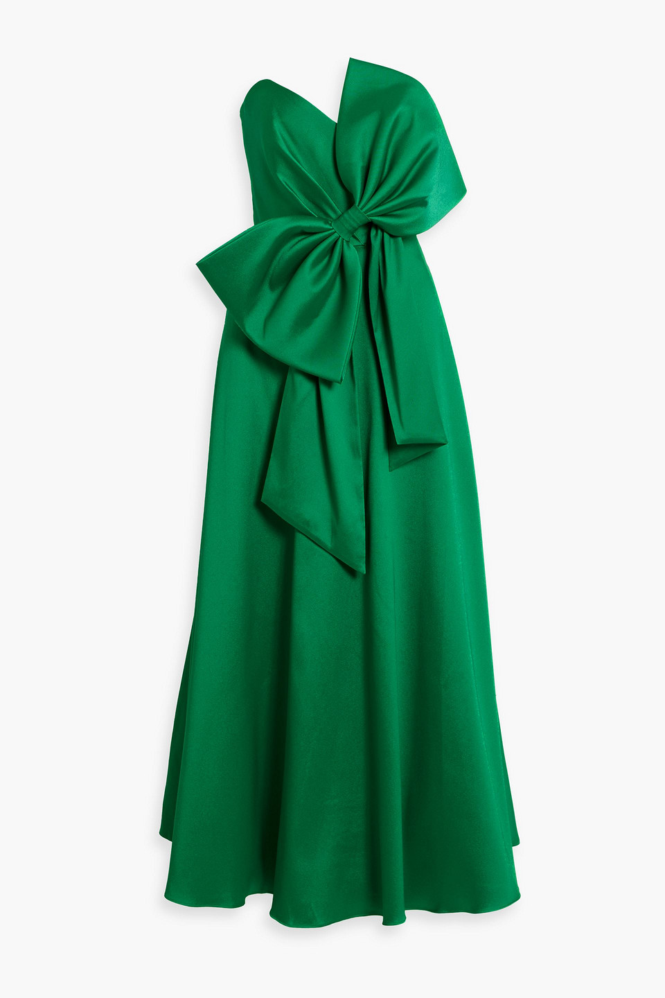 Badgley Mischka Strapless Bow-detailed Satin-twill Gown In Green