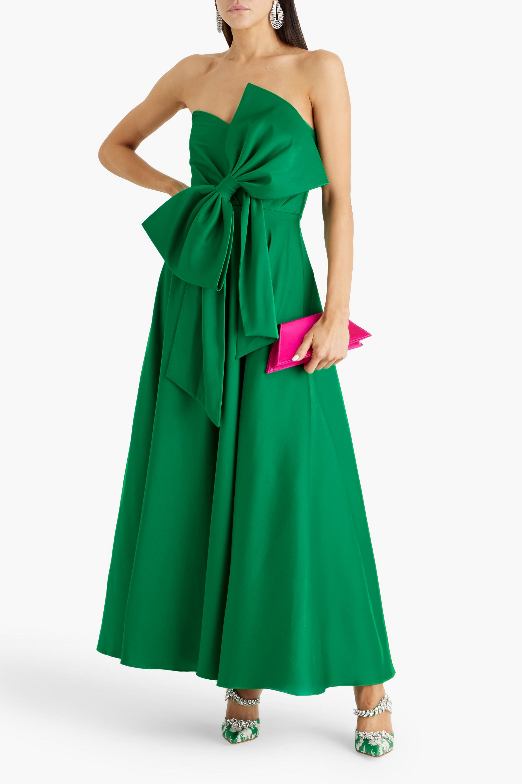 Badgley Mischka Strapless bow-detailed satin-twill gown