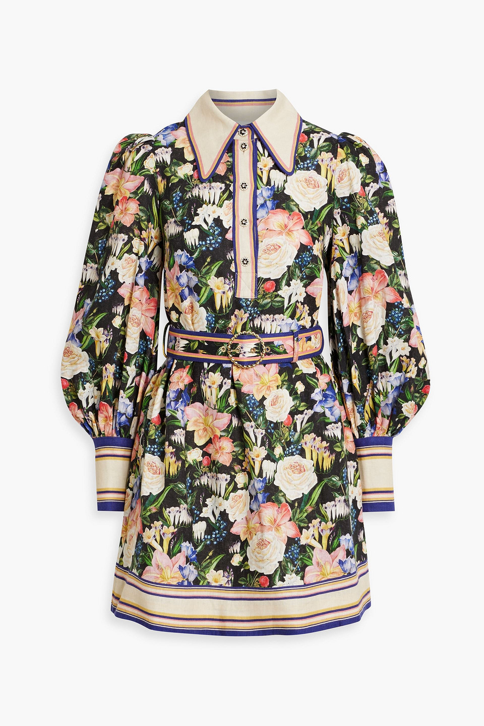 Zimmermann Belted Floral-print Linen Mini Shirt Dress In Multicolor