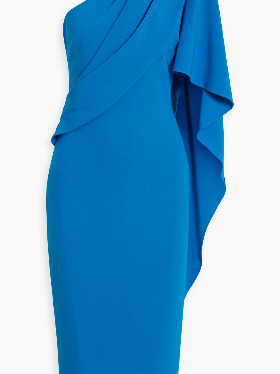 one-sleeve draped crepe midi dress