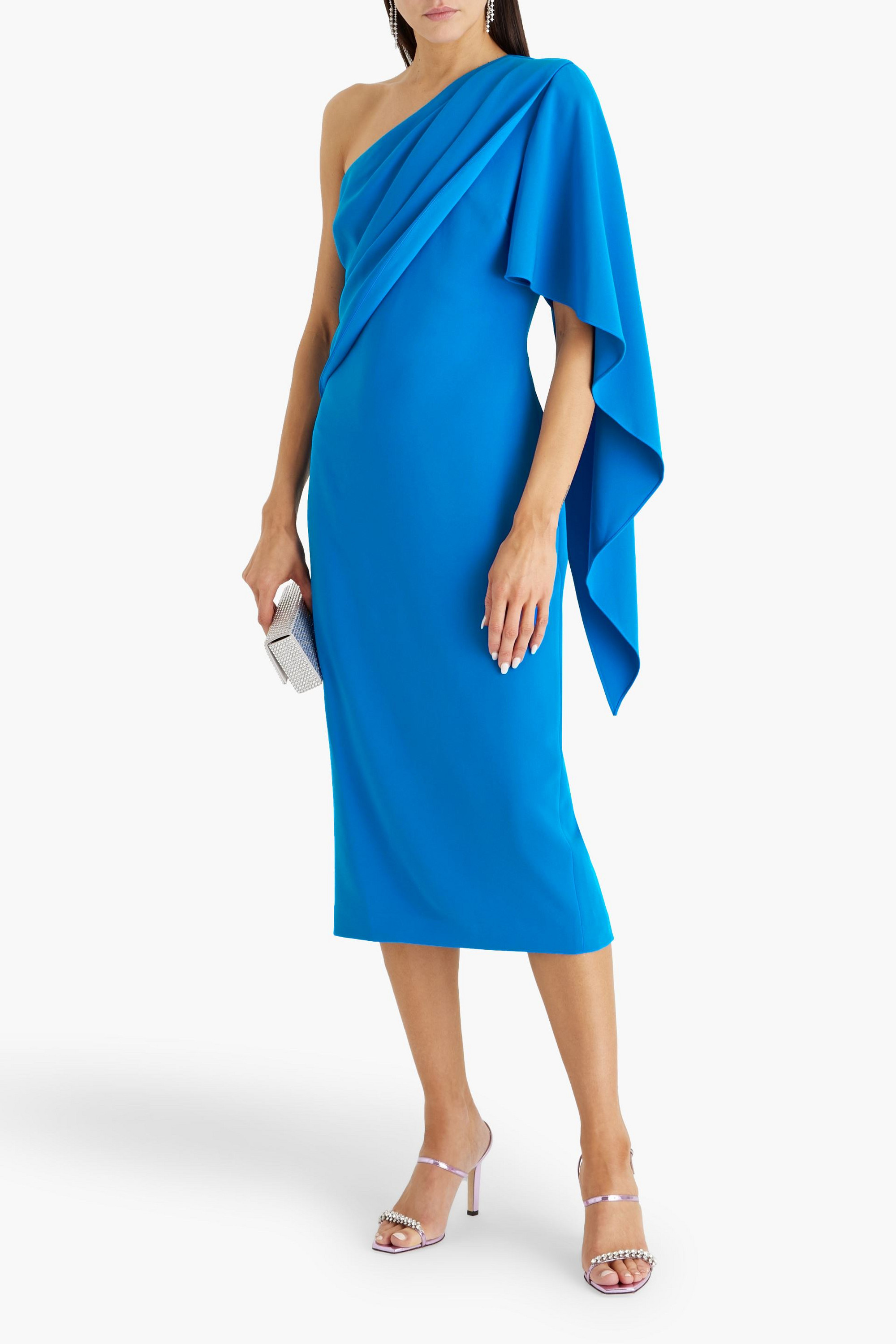 Badgley Mischka One-sleeve draped crepe midi dress