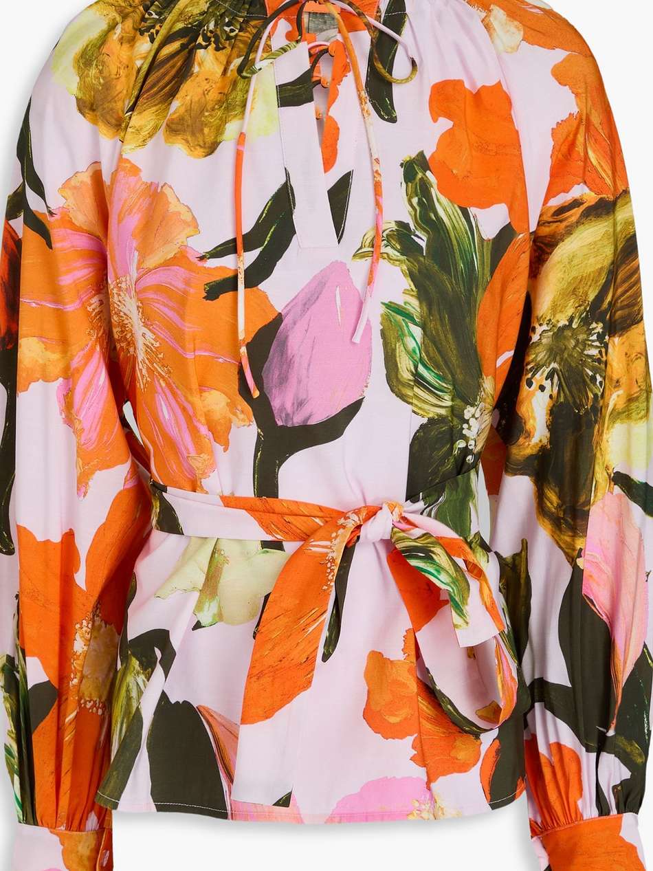 belted floral-print slub woven blouse