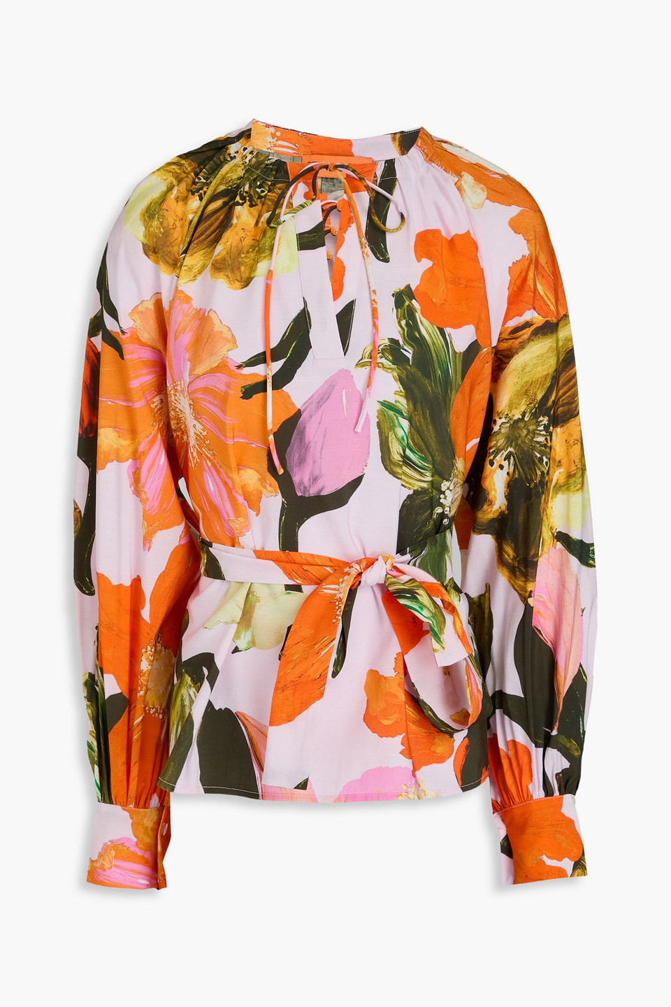 Stine Goya Belted Floral-print Slub Woven Blouse In Pastellrosa