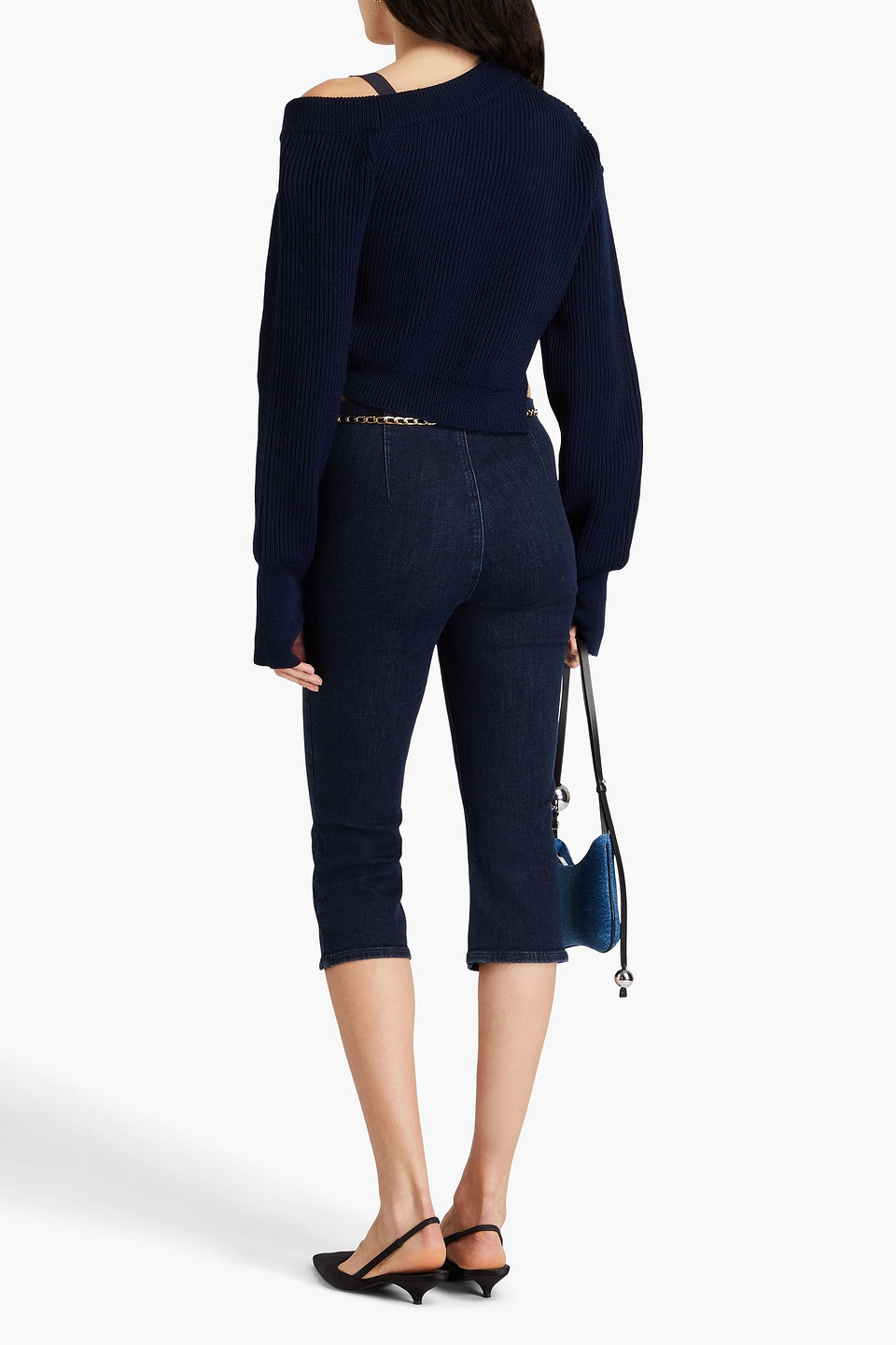 Jacquemus Seville Asymmetric Cropped Wool-blend Sweater In Navy