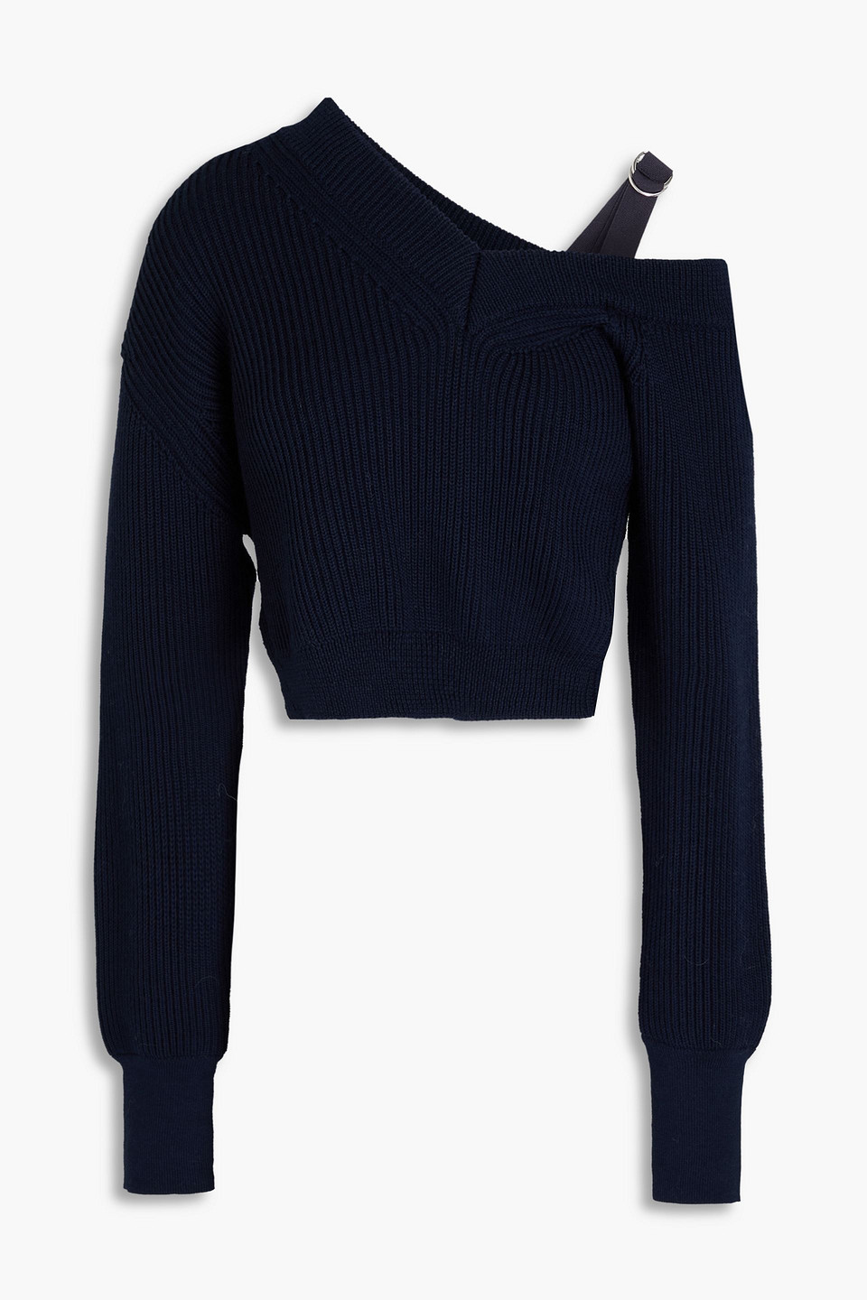 Jacquemus Seville Asymmetric Cropped Wool-blend Sweater In Navy
