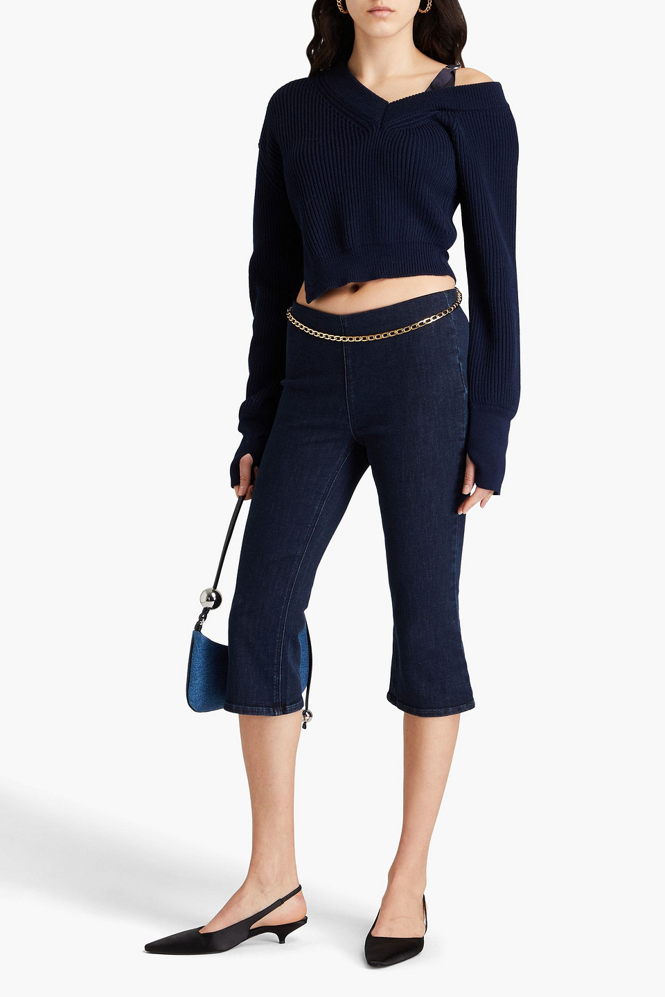 Jacquemus Seville Asymmetric Cropped Wool-blend Sweater In Navy