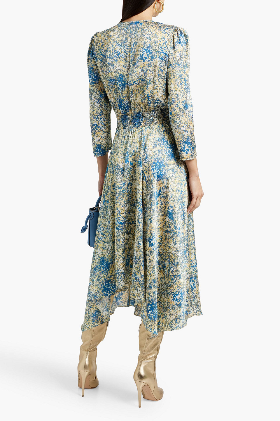 Shop Maje Asymmetric Printed Satin Midi Dress In Azure