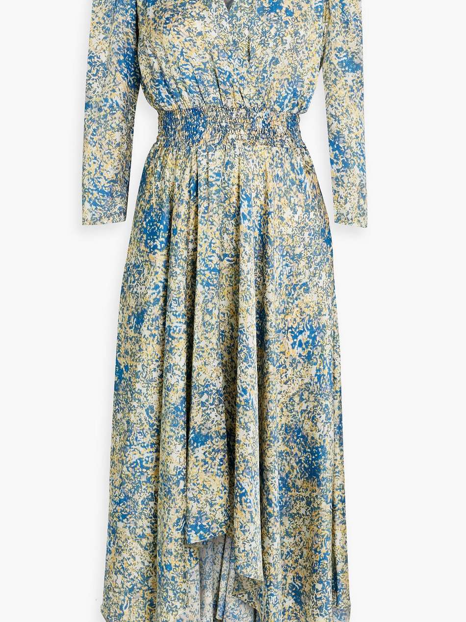 asymmetric printed satin midi dress