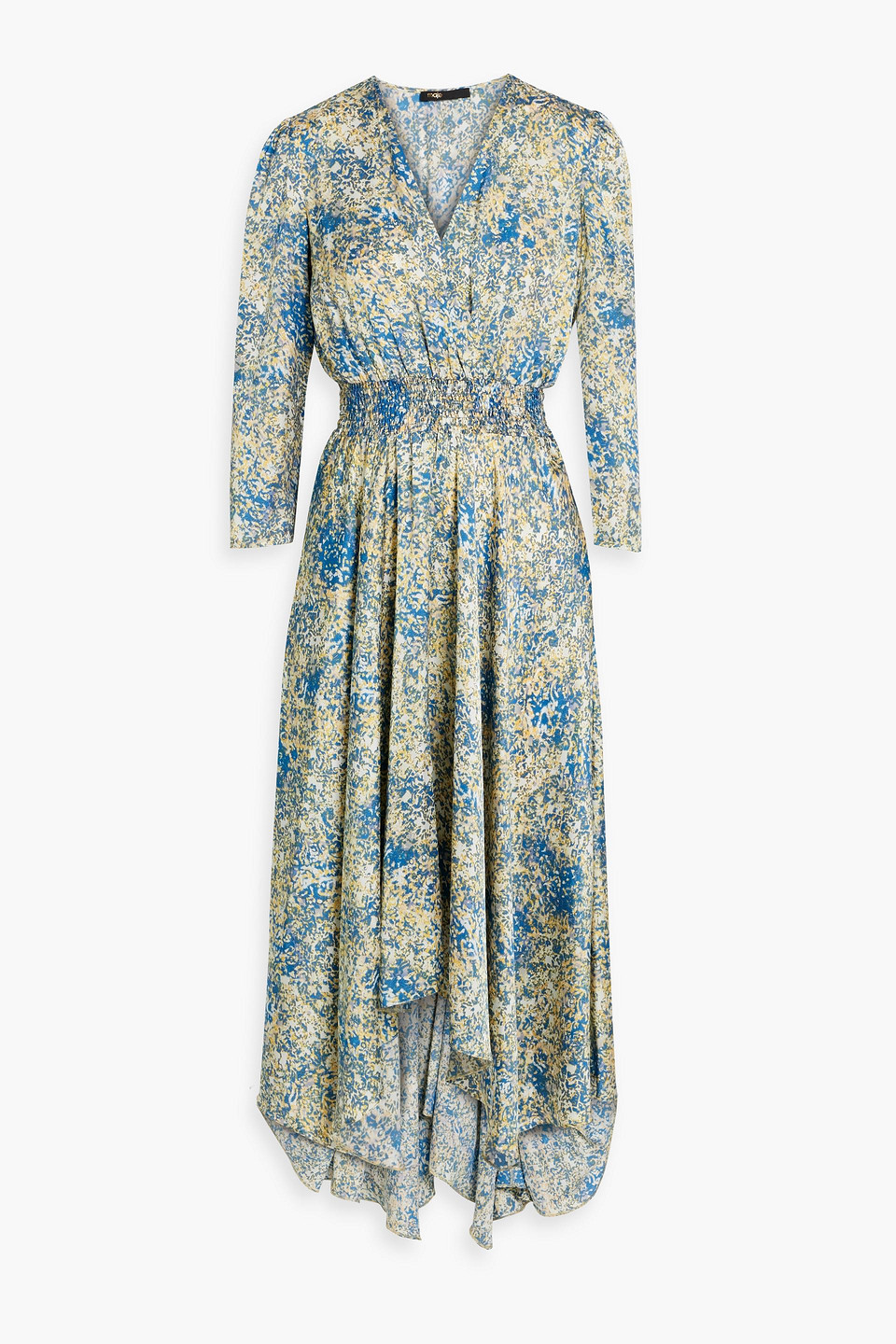 Shop Maje Asymmetric Printed Satin Midi Dress In Azure