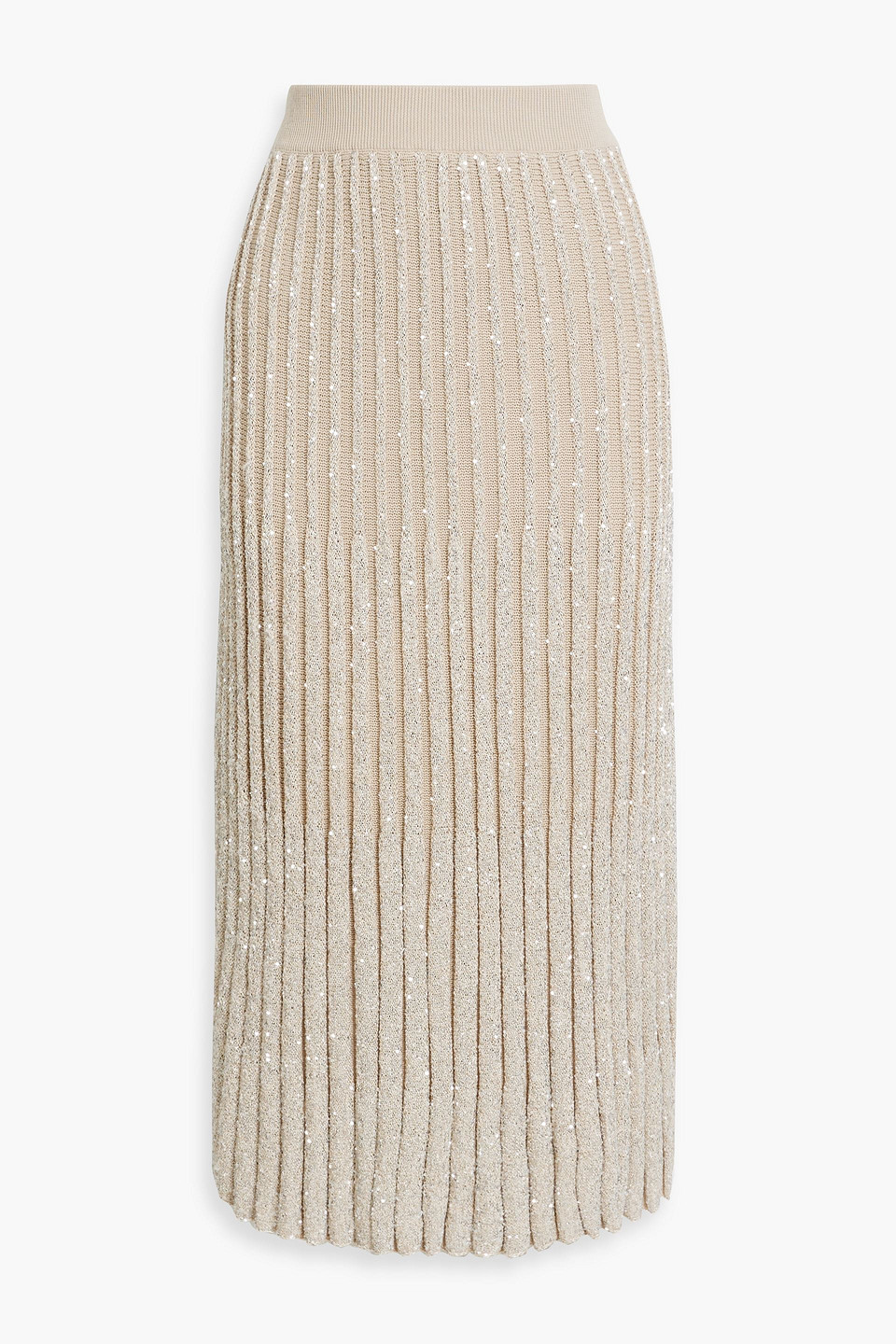 Brunello Cucinelli Sequin-embellished Ribbed Crochet-knit Midi Skirt In Beige