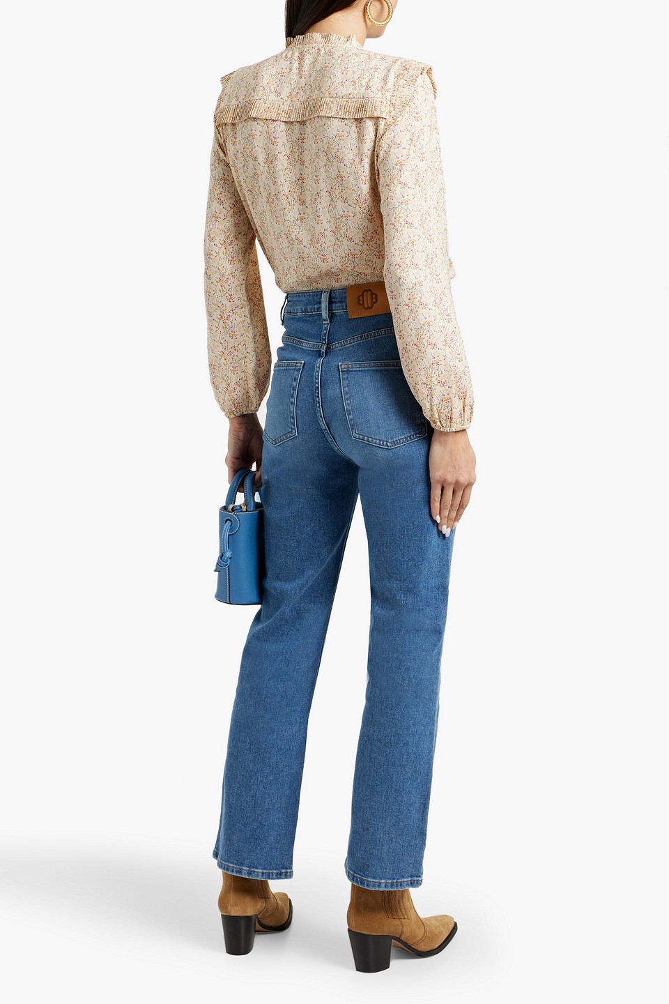 Maje Pleated Floral-print Satin Blouse In Ecru