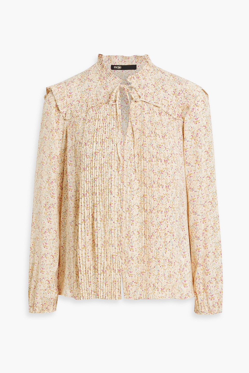 Maje Pleated Floral-print Satin Blouse In Ecru