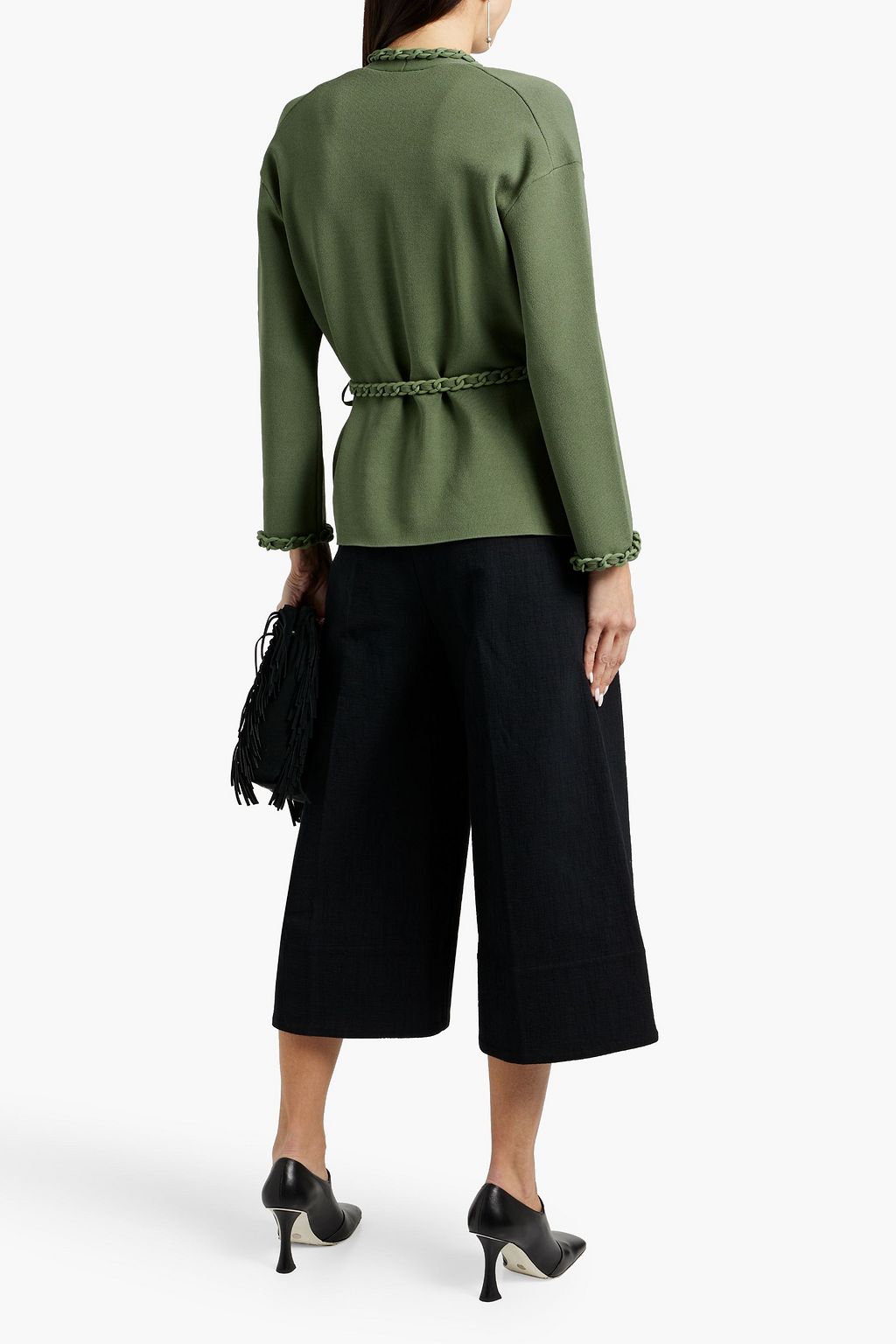 MAJE Belted chain-embellished stretch-knit cardigan