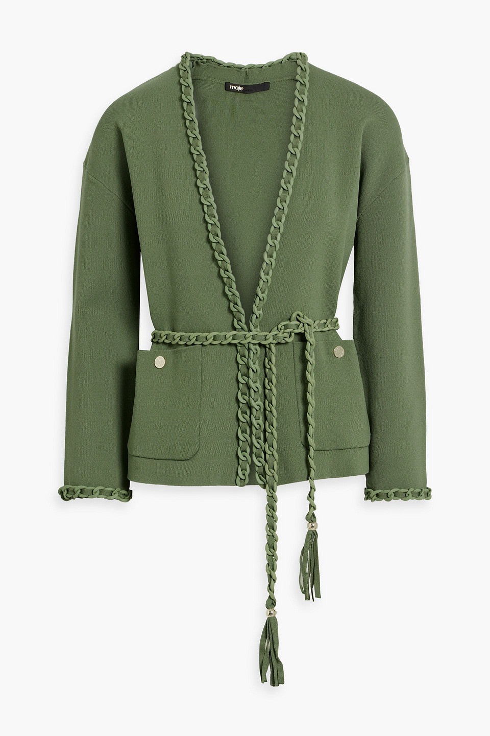 Maje Belted Chain-embellished Stretch-knit Cardigan In Leaf Green