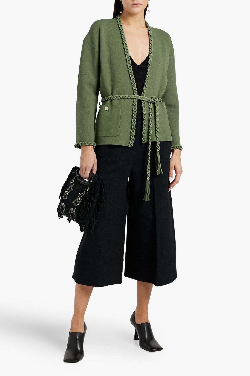 MAJE Belted chain-embellished stretch-knit cardigan