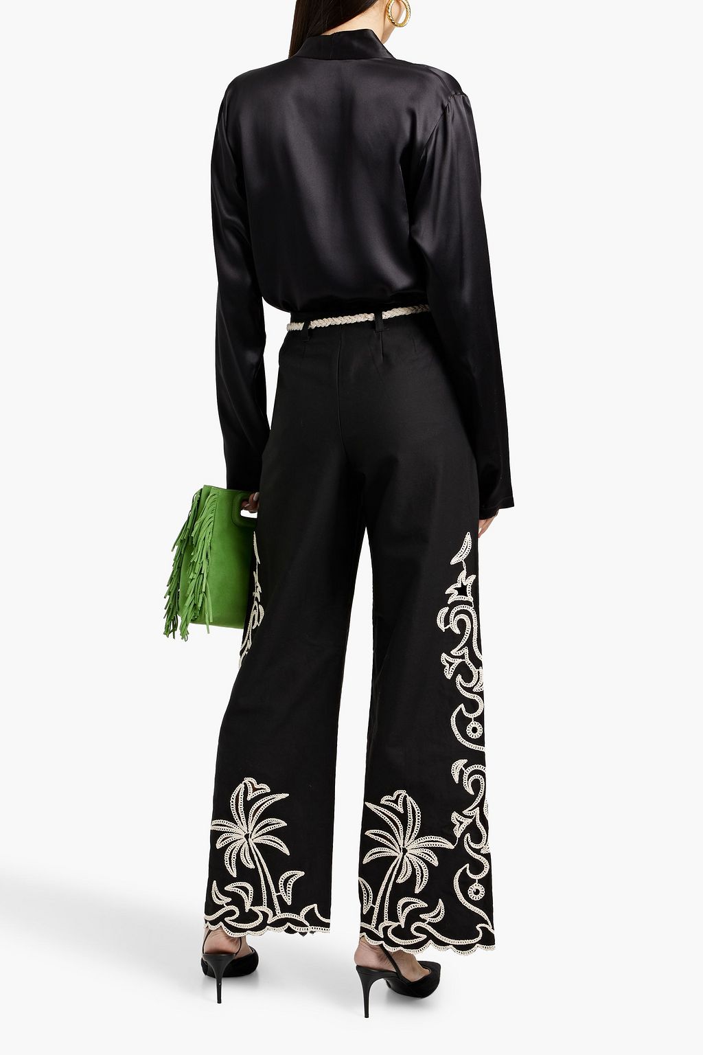 MAJE Embroidered cotton-twill wide-leg pants