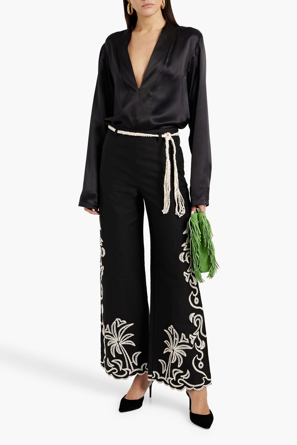 MAJE Embroidered cotton-twill wide-leg pants