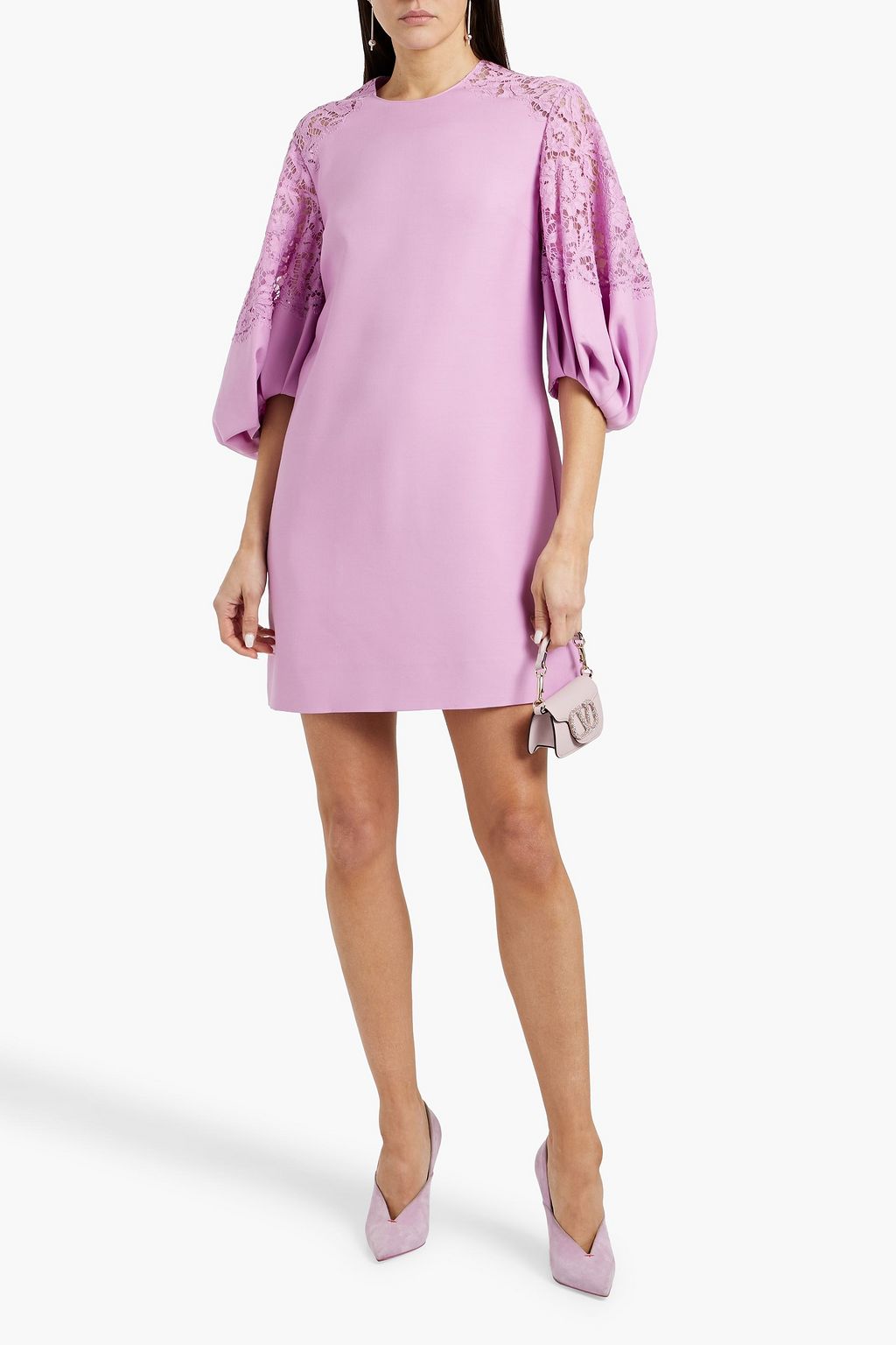 VALENTINO GARAVANI Lace-paneled wool and silk-blend crepe mini dress