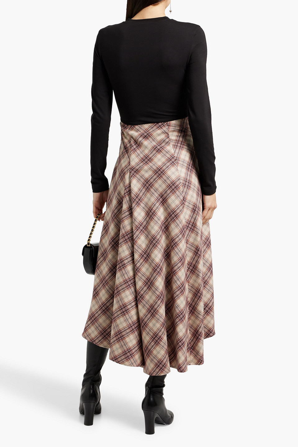 MAJE JERSEY-PANELED CHECKED TWEED MIDI DRESS