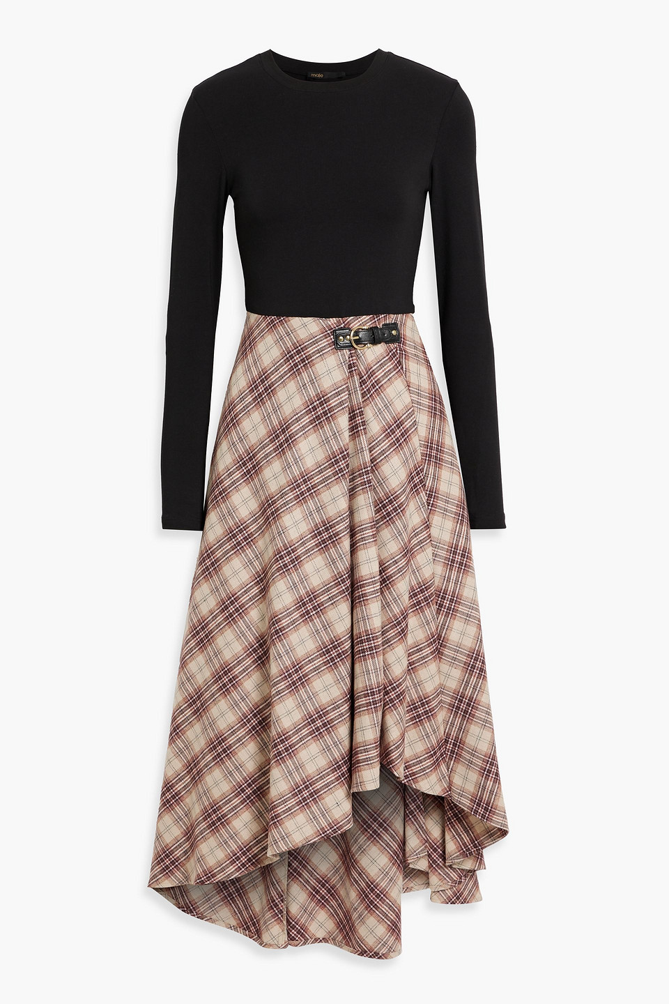 MAJE JERSEY-PANELED CHECKED TWEED MIDI DRESS