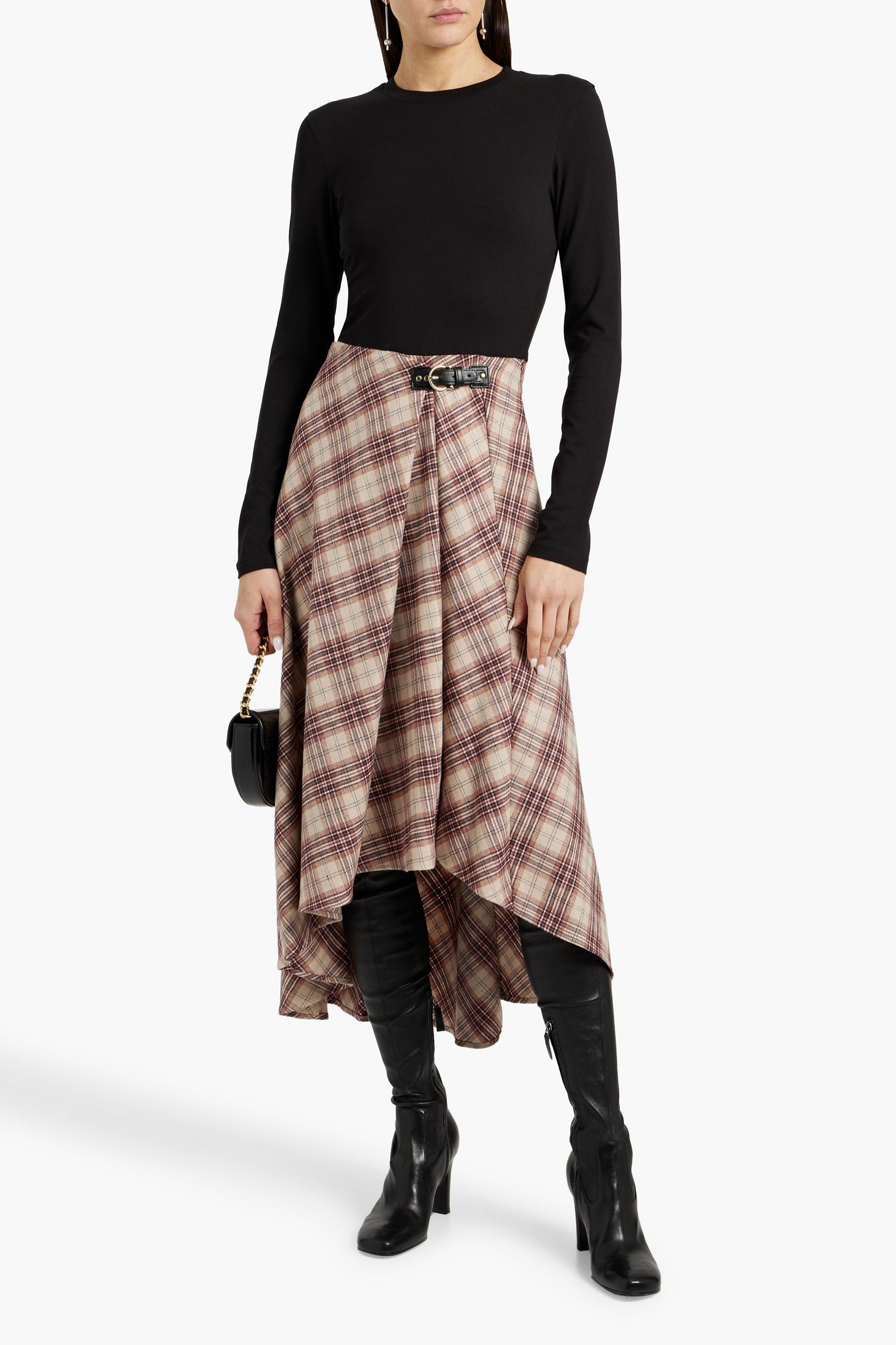 MAJE Jersey-paneled checked tweed midi dress
