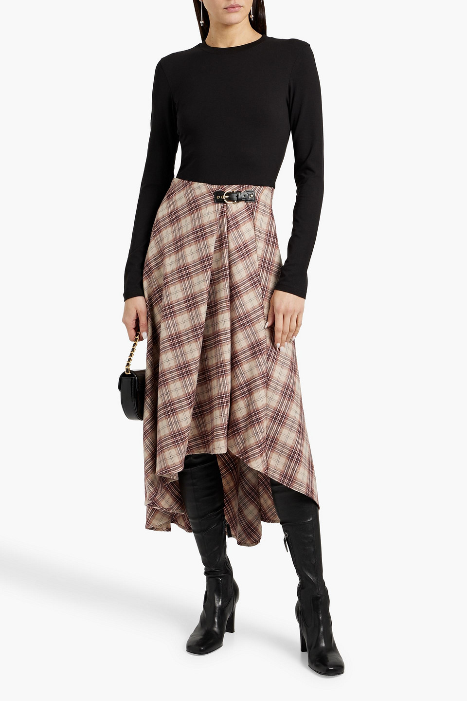 MAJE JERSEY-PANELED CHECKED TWEED MIDI DRESS
