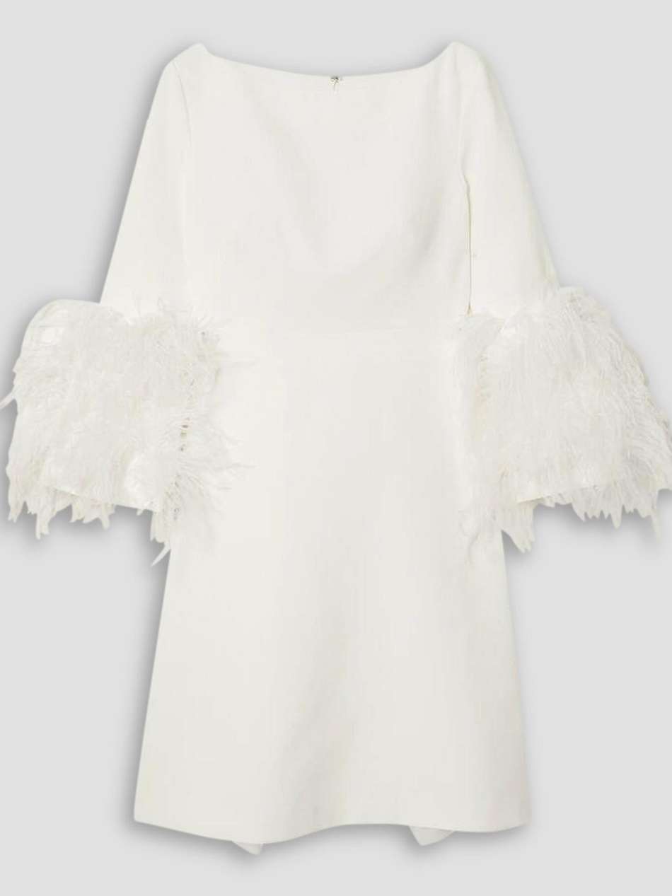 reign feather-trimmed crepe mini dress