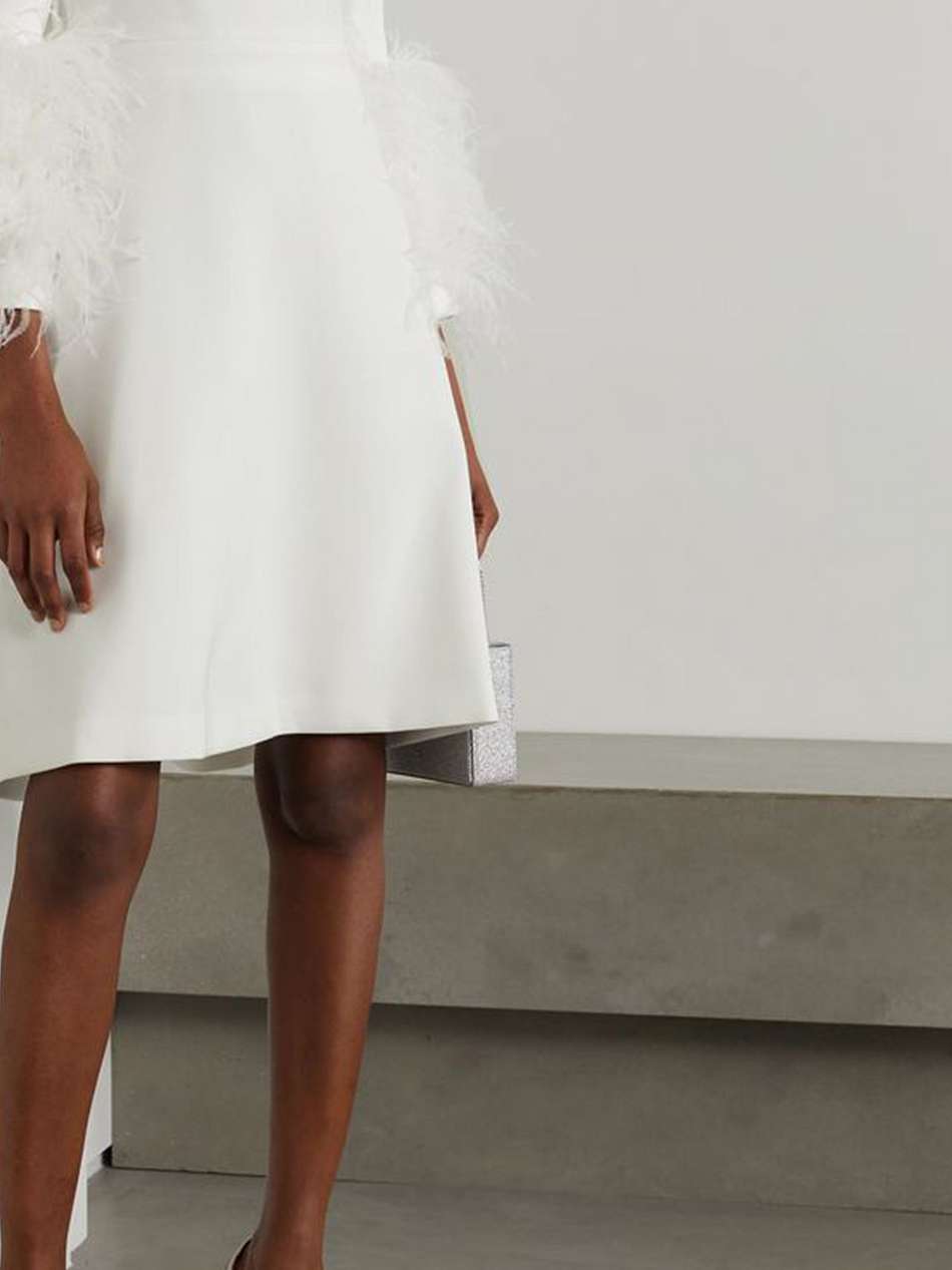 reign feather-trimmed crepe mini dress