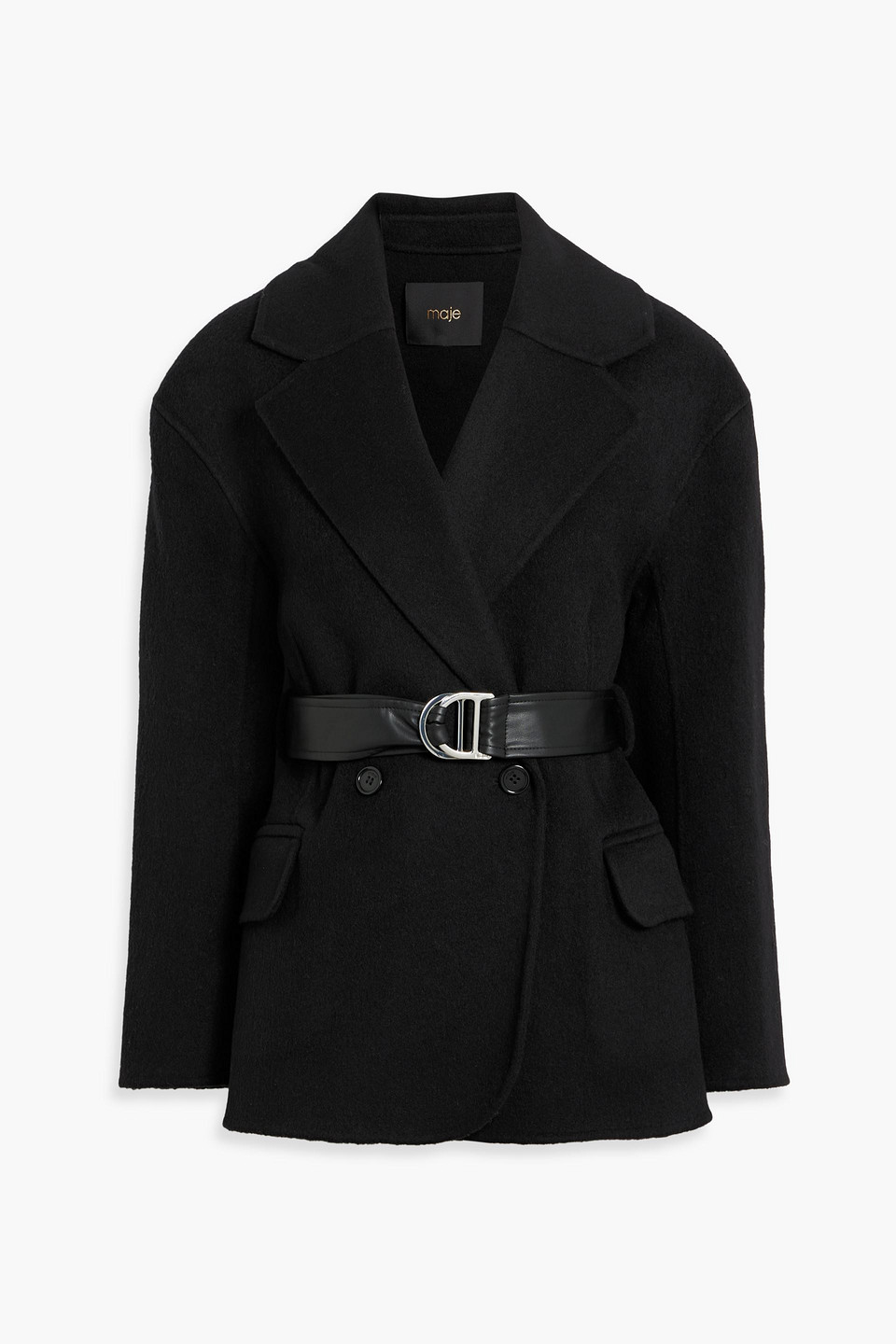 Maje Belted Wool-blend Felt Coat In Black